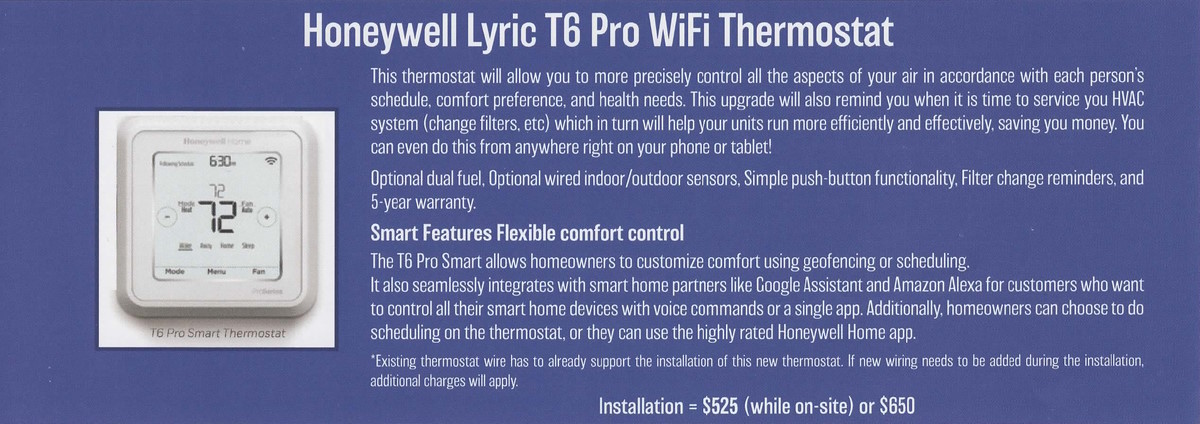 Simons Flyer Upgrade Option - Honeywell Lyric T6 Pro WiFi Thermostat