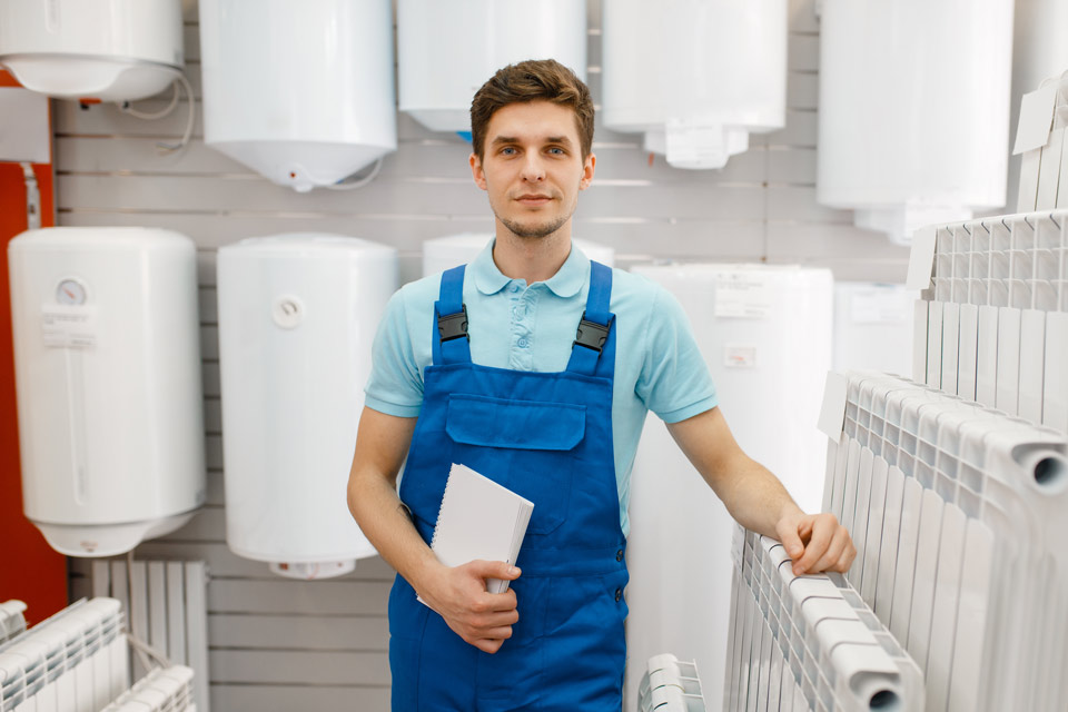 Man standing in front of tankless water heaters